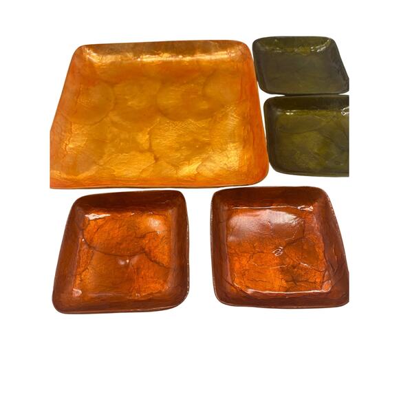 Vtg set 5 pc COLORIZED CAPIZ SHELL tray & plates.Orange,Green,Gold Mascagni look - Picture 6 of 9